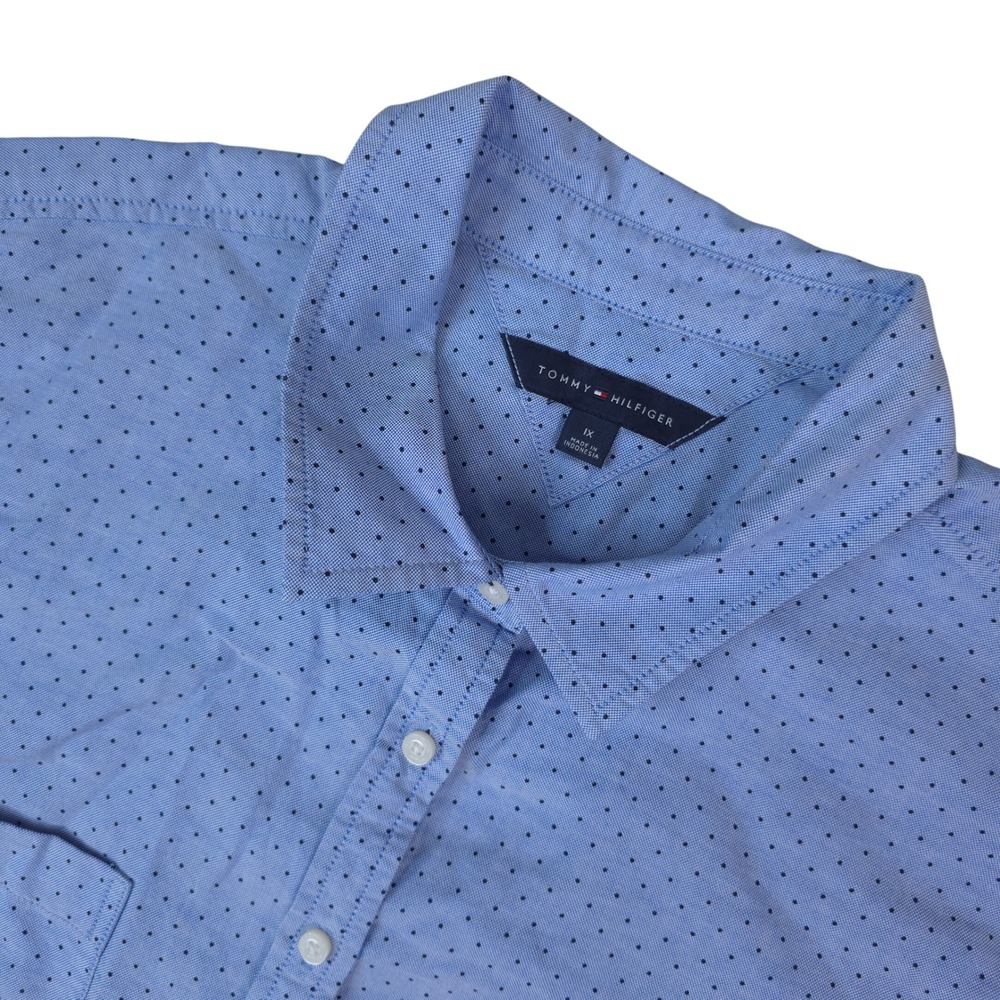 Tommy Hilfiger Button Down Shirt Womens 1X Blue Polka Dot Short Sleeve Cotton